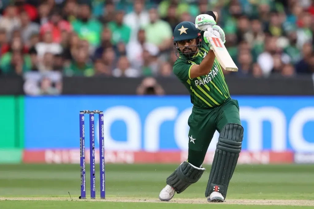 Action shot of Babar Azam executing his signature cover drive