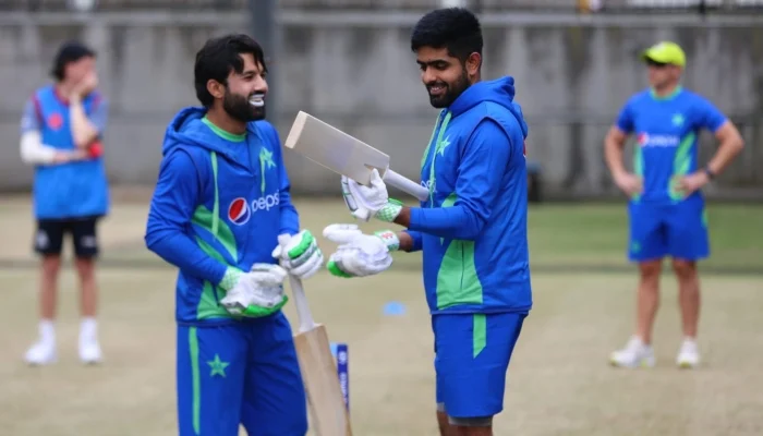 Babar Azam during a training session with franchise teammates